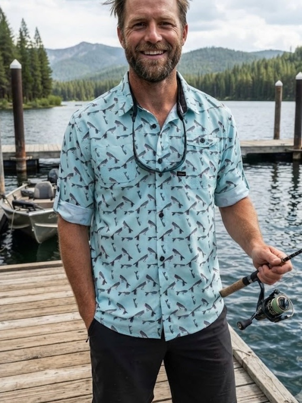 Flomotion Performance Gear Fishing Print Shirt Bamboo Blend Outdoorsy Gorpcore